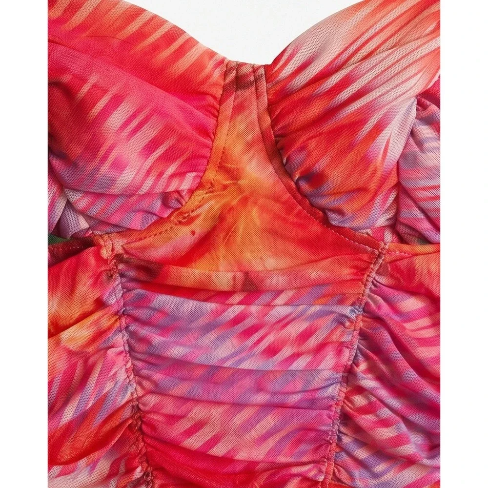 Madden NYC M Pink Orange Tropical Mesh Shirred Bustier Crop Top Medium NWT